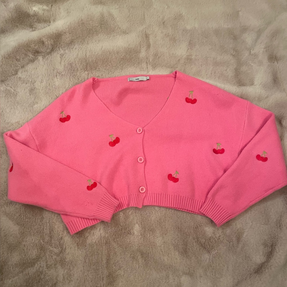 Adika size M-L worn once cardigan in hot pink with cherrys!! 🍒🍒
